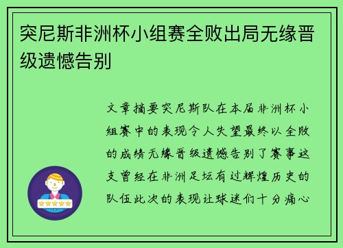突尼斯非洲杯小组赛全败出局无缘晋级遗憾告别