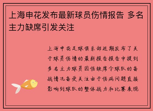 上海申花发布最新球员伤情报告 多名主力缺席引发关注
